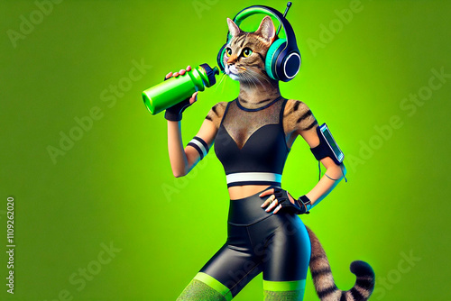 Fitness cat on green background. Generative AI