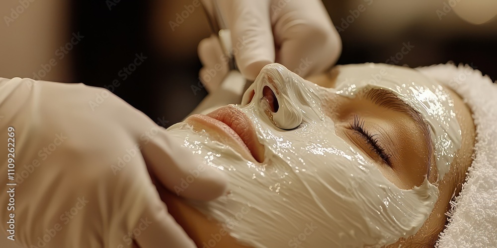 A close-up of a facial mask being applied during an express facial session. A close-up of a facial mask being applied during an express facial session.