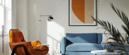 Modern Scandinavian Living Room Interior Design with Blue Sofa and Orange Accent Chair photo