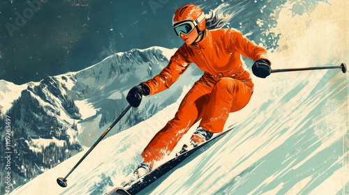 Retro-style illustration of a woman skiing downhill on snowy slopes with mountains and a cabin

