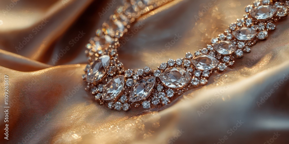 A close-up of a sparkling gemstone necklace lying on a luxurious fabric, highlighting its details A close-up of a sparkling gemstone necklace lying on a luxurious fabric, highlighting its details