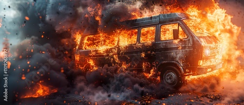 Fiery Van Inferno: A Dramatic Blaze in Full Progression photo