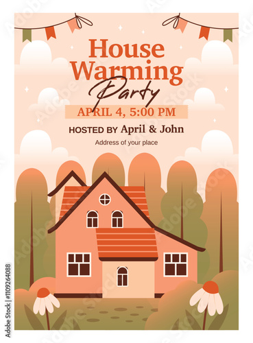 Invitation template on Housewarming Party. Cute vector illustration of cute house, cottage, resident building on nature background with forest, flowers, plants, garlands, text. Flat Design.