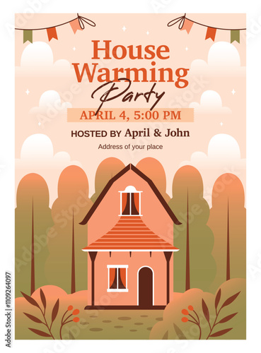 Housewarming Party. Invitation template with cute vector illustration of cute house, cottage, resident building on nature background with forest, flowers, plants, garlands, text. Flat Design.
