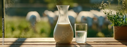 Milk Carafe and Glass on Wooden Table with Blurred Cows in Background
 photo