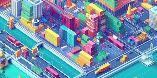 A colorful isometric representation of a logistic system, with dynamic and engaging visuals of operations and infrastructure. photo