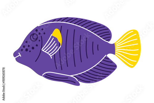 Cartoon zebrasoma aquarium fish. Cute tropical red sea fish in doodle style. Isolated vector illustration in white background.