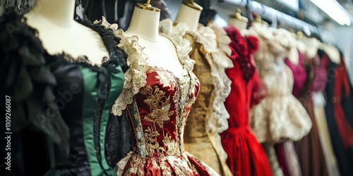 A completed costume design displayed in a costume fitting room or studio. photo