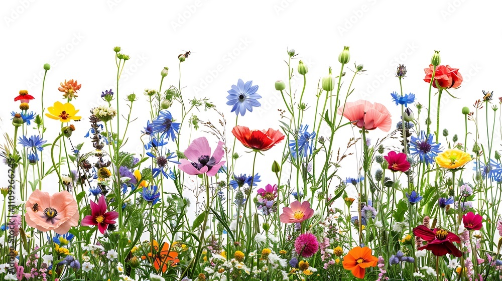 Obraz premium Colorful meadow and garden flowers with insects, isolated