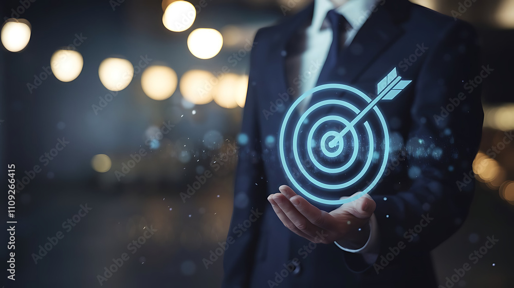 Fototapeta premium Business Professional Holding a Holographic Target Symbol: Focus and Precision background, target achieved, aim, goal achievement, sharp precision, modern business aesthetics