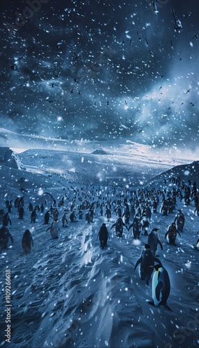 Stunning nighttime panoramic of antarctica s icy landscape with emperor penguins in a snowstorm photo