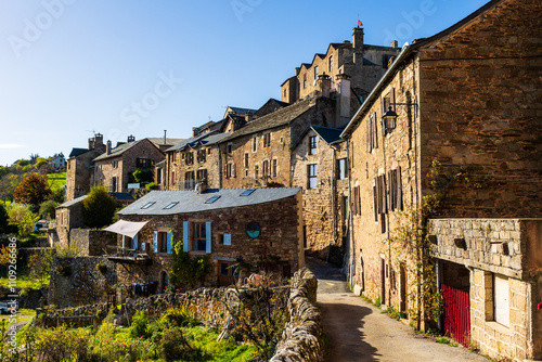 Façade of houses in the medieval village of Castelnau-Pégayrols, former capital of Lévézou, near Millau