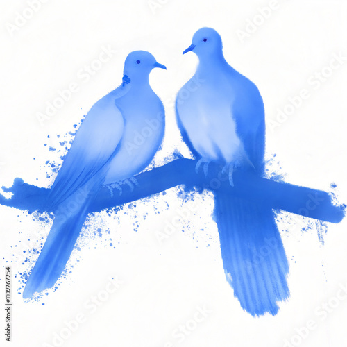 Two blue doves sitting on a branch, elegant design with watercolor effect on white background photo