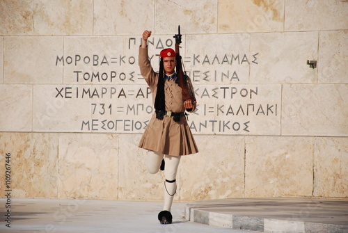 Athens, Greece / September 2023: The presidential palace guard in traditional Greek Tsolias outfit outside the Fallen Soldier monument at Syntagma square. 
