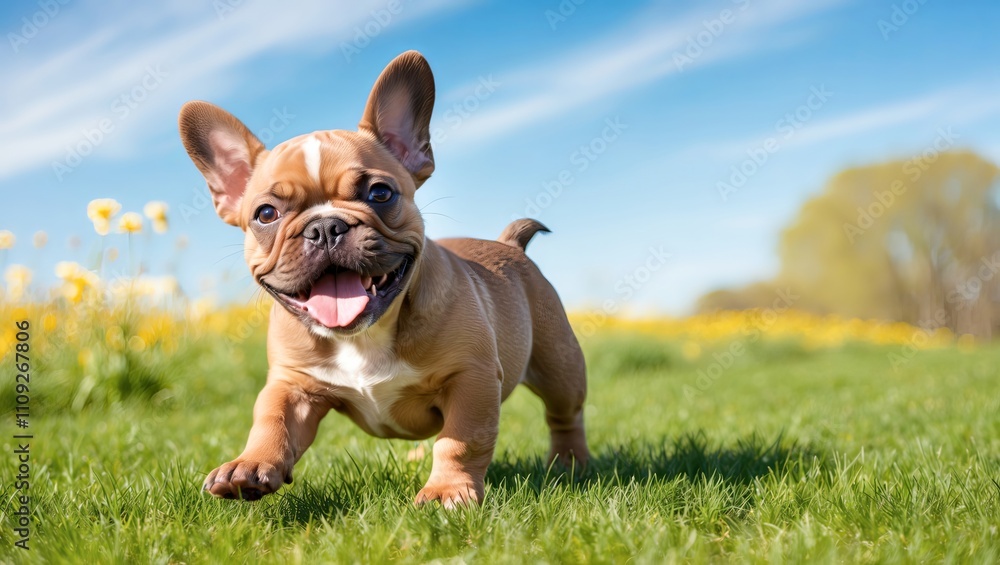 Fototapeta premium Happy French Bulldog running in a sunny field with vibrant flowers