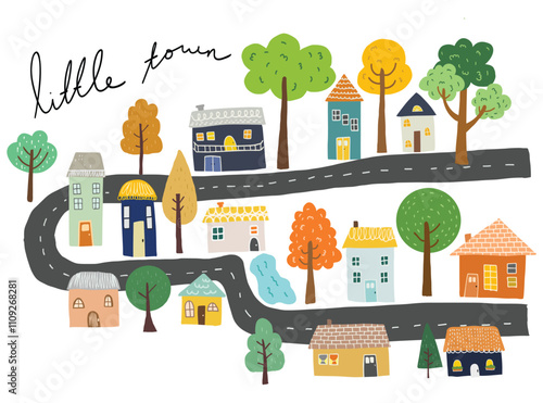 Little town cute house home road street village cottage map direction neighborhood doodle