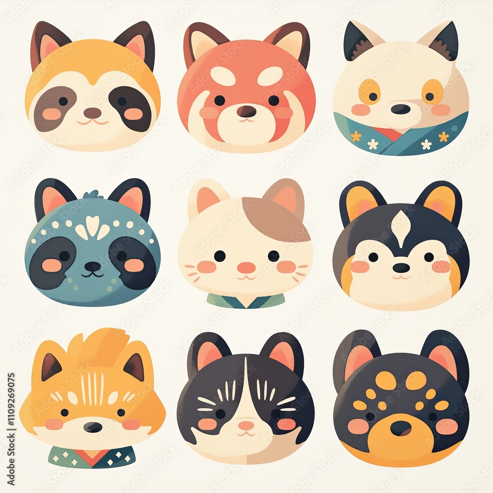 Fototapeta premium Cute animal stickers digital art minimalist style
