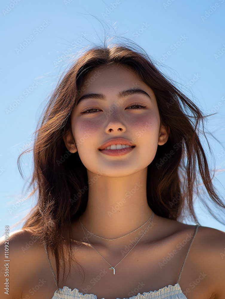 Close-up photo of beautiful woman against blue sky background Close-up photo of beautiful woman against blue sky background