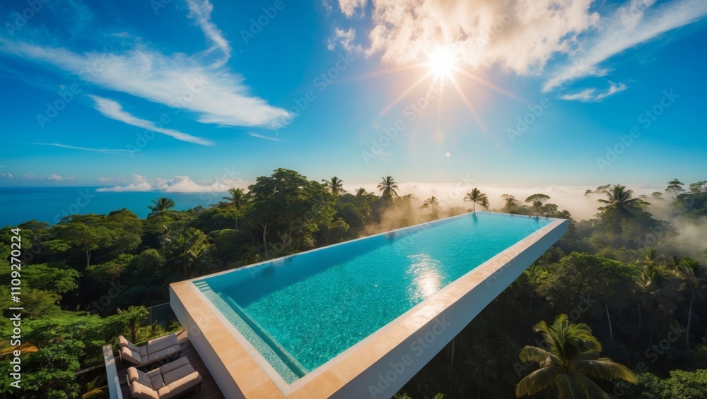 Obraz premium Modern infinity pool overlooking tropical landscape at sunset near ocean
