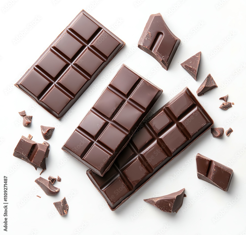 Delicious dark chocolate bars scattered on a white surface. Perfect for desserts, baking, or as a sweet treat. Indulge in the rich, creamy texture of premium chocolate. Delicious dark chocolate bars scattered on a white surface. Perfect for desserts, baking, or as a sweet treat. Indulge in the rich, creamy texture of premium chocolate.