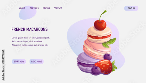 Web page with macaroon cookies. Vector illustration for bakery, dessert store, baking courses, sweet food. Web banner concept, landing page template.