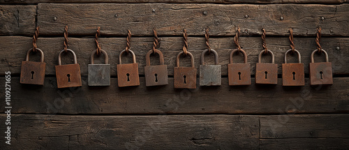 Private data streams locked behind digital padlocks selective focus, A row of antique padlocks lined up on wooden hooks, showcasing rustic charm and historical detail in a vintage setting. photo