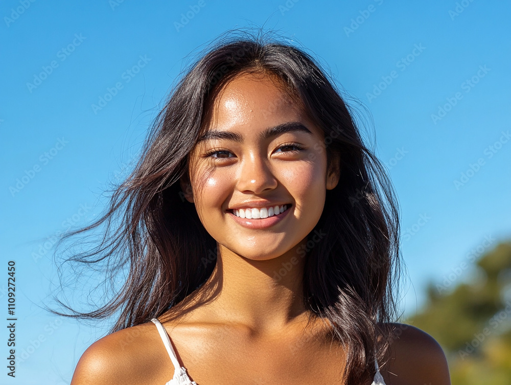 Close-up photo of beautiful woman against blue sky background
Close-up photo of beautiful woman against blue sky background