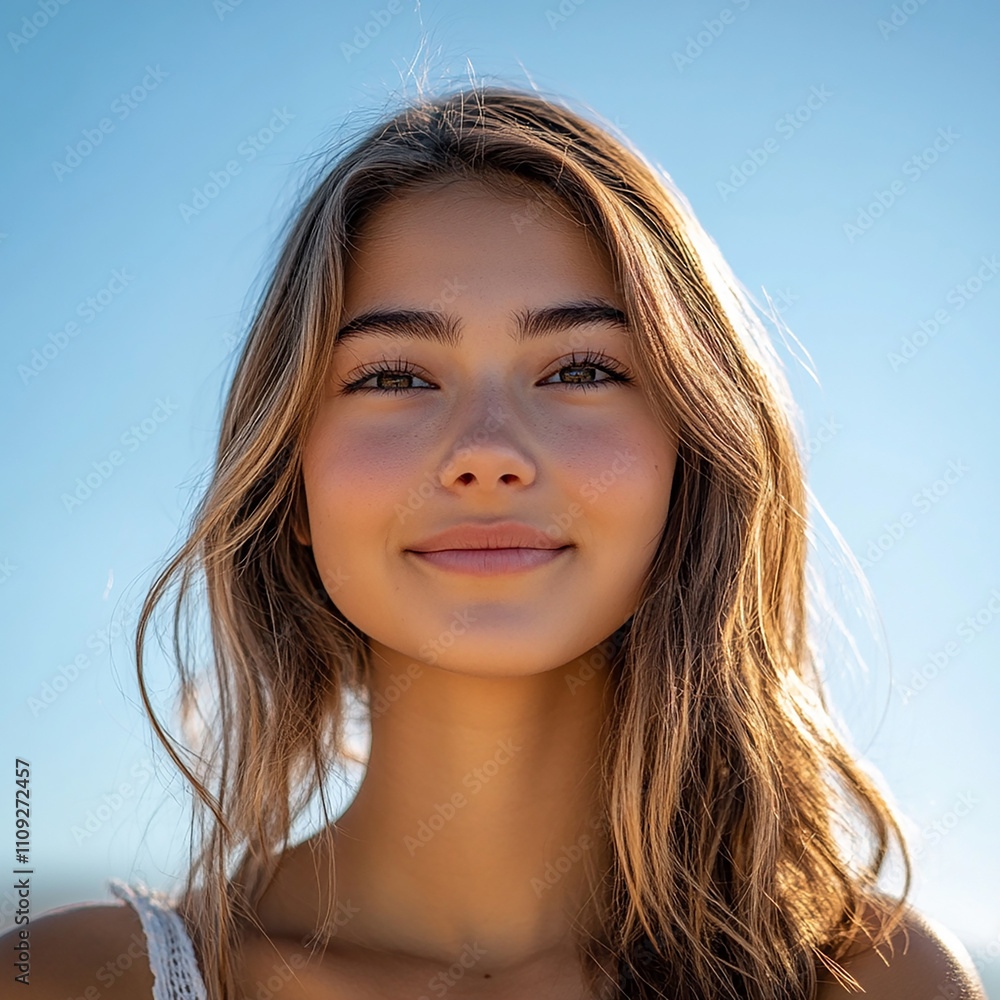 Close-up photo of beautiful woman against blue sky background
Close-up photo of beautiful woman against blue sky background