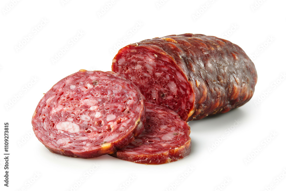 Sliced salami sausage isolated on the white background. Sliced salami sausage isolated on the white background.