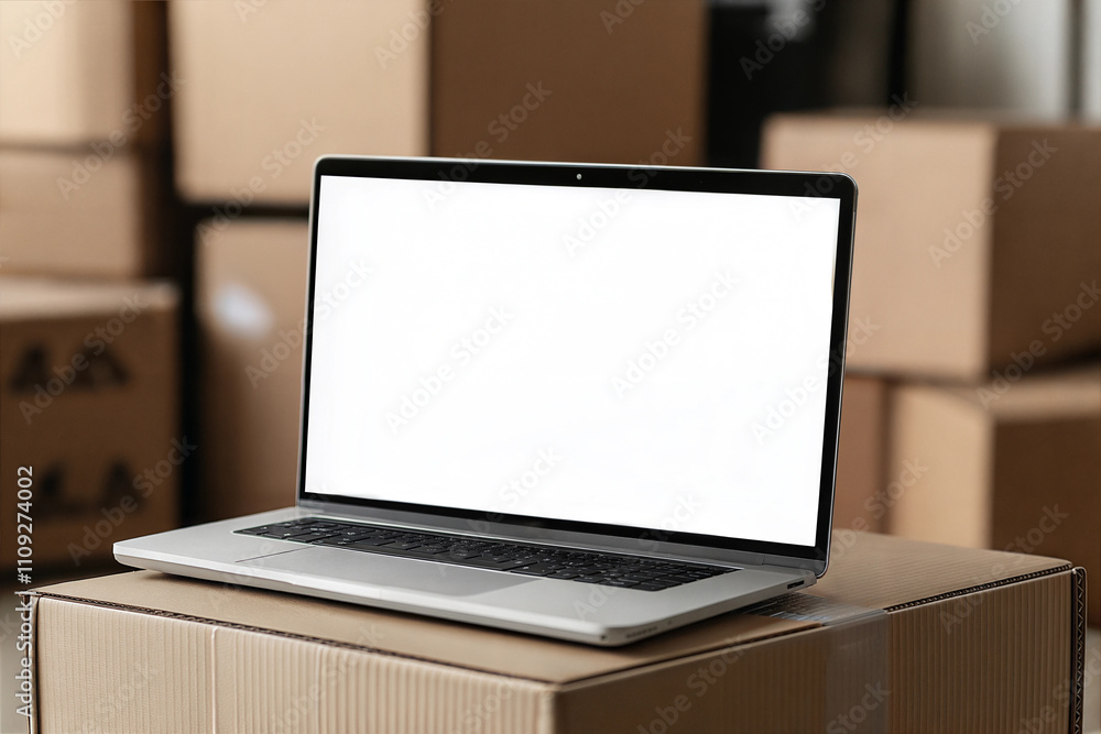 Fototapeta premium Laptop on Cardboard Box in E-Commerce Storage Room – Blank Screen for Logistics Application