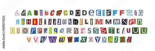 big set of cut-out english png alphabet from magazines on a transparent background, retro y2k ransom style