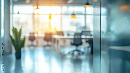 Blurred Image Of A Conference Room From The Outside Of A Glass Wall, Office Space For Teams Background, Office With People In The Background. Commercial Background Image