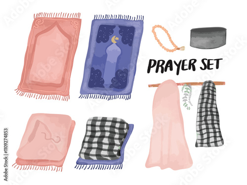 Set collections islamic moslem prayer mat set couple watercolor soft color ramadan eid al fitr