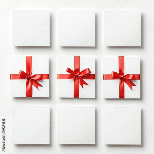 Nine neatly arranged white gift boxes with red ribbons, perfect for celebrating special occasions. Ideal for themes related to gift-giving, celebrations, and festivities. photo