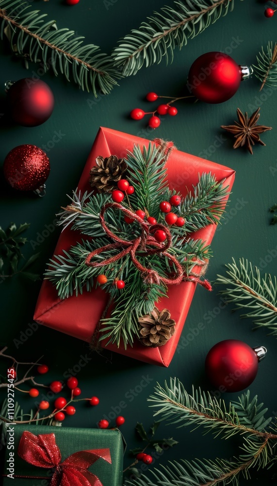 Charming festive gift in striking red with pine needles and ornaments on deep green background. Charming festive gift in striking red with pine needles and ornaments on deep green background.