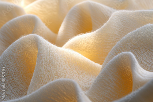 Close-up of beige fabric with soft folds and wrinkles.