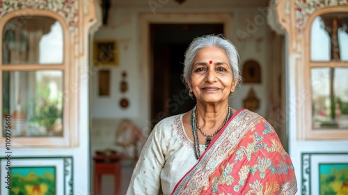 Portrait of an Older South Asian Woman in Traditional Attire Surrounded by Greenery photo