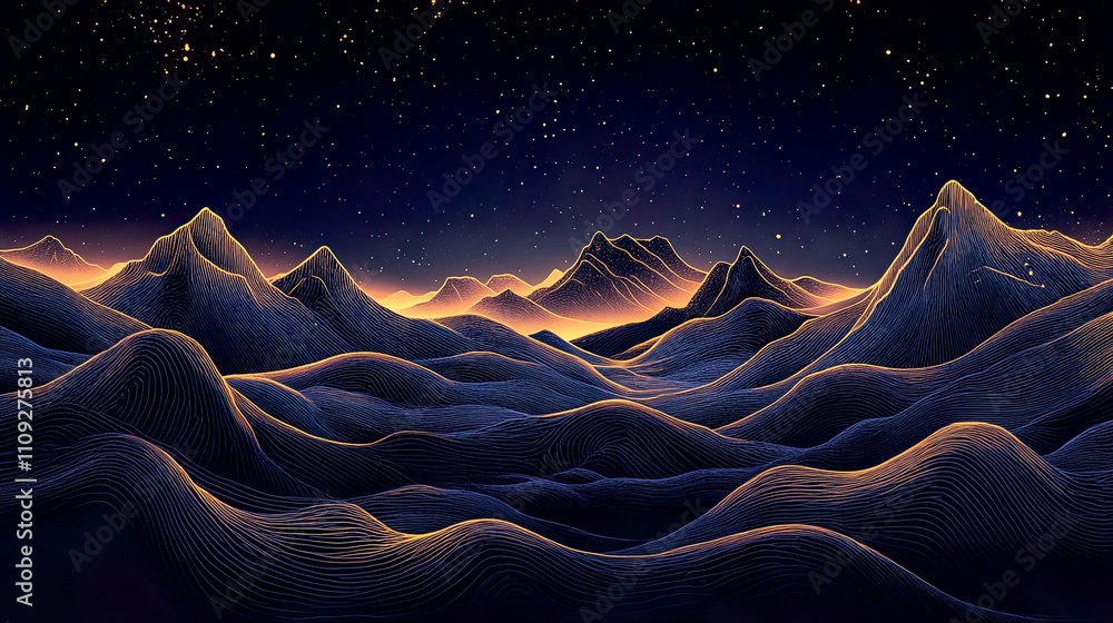 Elegant hand-drawn vector line art of mountains with golden lines against a dark background, evoking a serene, minimalist night landscape. Elegant hand-drawn vector line art of mountains with golden lines against a dark background, evoking a serene, minimalist night landscape.