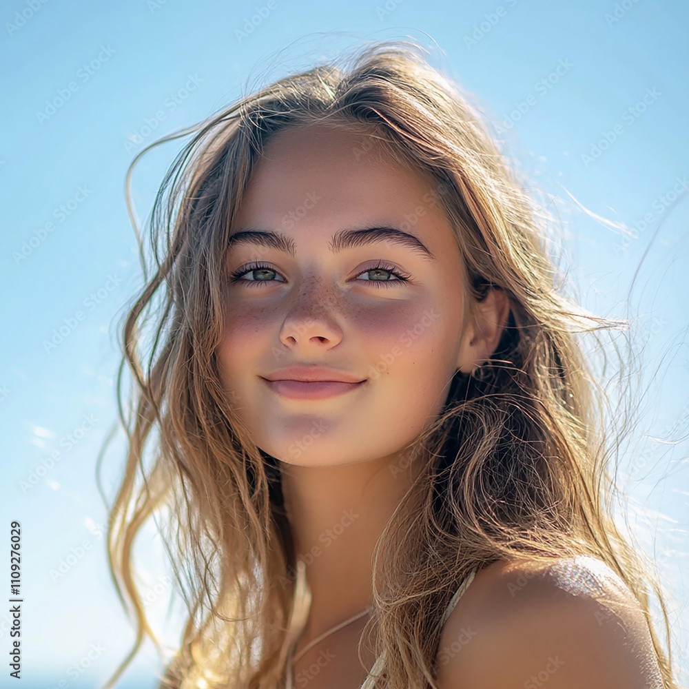 Close-up photo of beautiful woman against blue sky background Close-up photo of beautiful woman against blue sky background