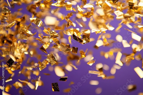 Flying Shiny Golden Foil Confetti on Vibrant Backgrounds
 photo