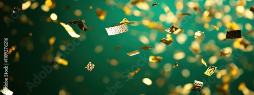 Flying Shiny Golden Foil Confetti on Vibrant Backgrounds
 photo