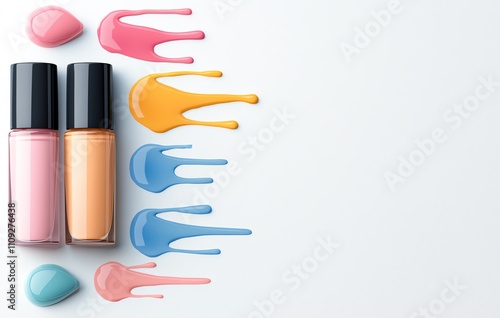 Stylish nail polish bottles surrounded by vibrant paint splashes create a trendy composition. Perfect for beauty and fashion content, showcasing color and creativity. photo