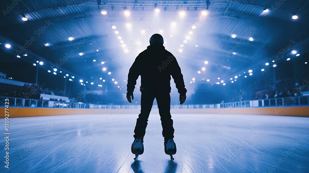 Fototapeta premium Silhouette of ice skater in rink with dramatic lighting