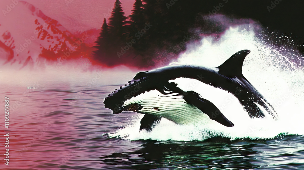 Fototapeta premium Whales: The Gentle Giants of the Arctic Ocean - Imagine a scene where whales breach and spout in the polar waters, their massive bodies and majestic movements