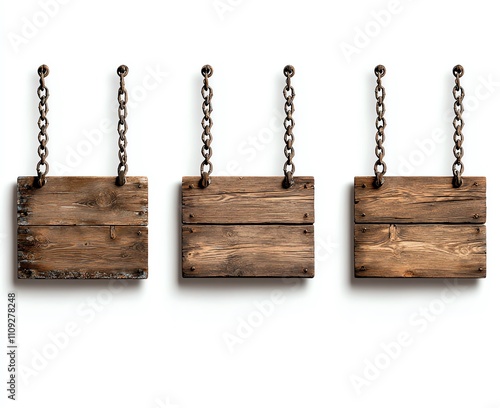 Three rustic wooden signs on chains, perfect for adding a vintage touch to any design. Ideal for branding, menus, or direction signage in both digital and print formats. photo