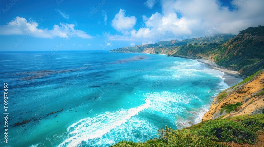 Obraz premium Panoramic view of a stunning coastline with turquoise ocean, cliffs, and blue sky.