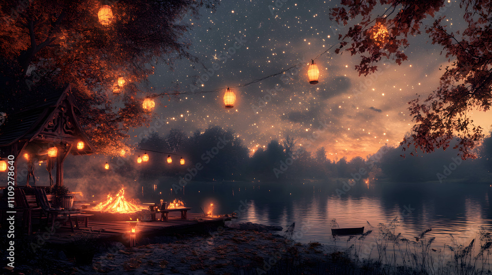 Lakeside autumn gathering under starry skies.. Lakeside autumn gathering under starry skies..
