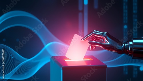Robotic hand inserts ballot into box. Future of elections, technology, AI.