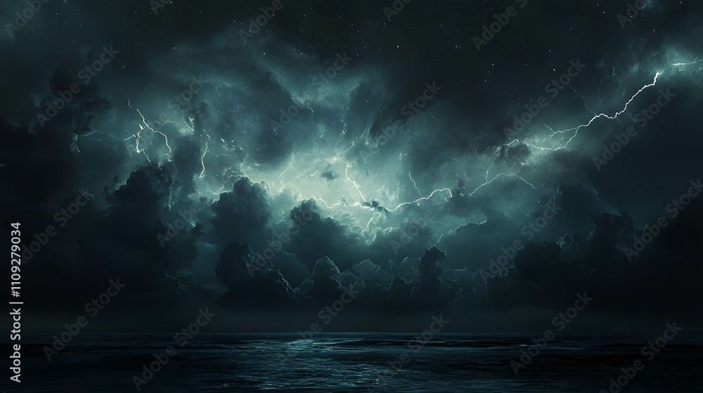 Dramatic thunderstorm with lightning over the ocean at night Dramatic thunderstorm with lightning over the ocean at night
