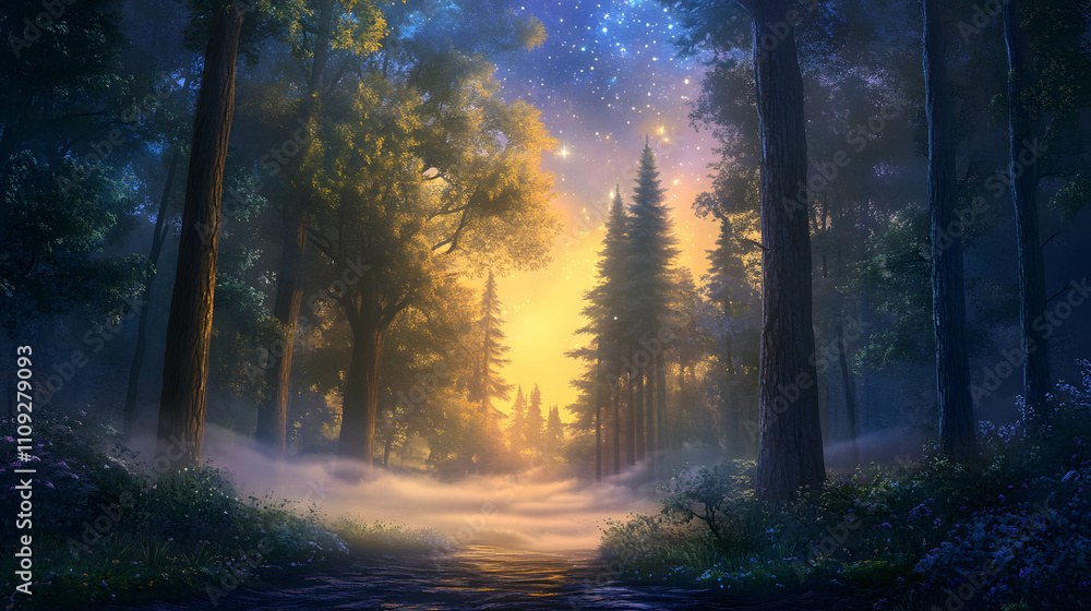 Fototapeta premium Enchanting forest at dawn with glowing mist